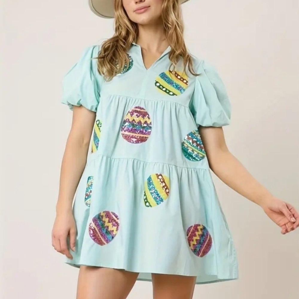 Light Blue Tiered Dress with Colorful Easter Egg Appliqués